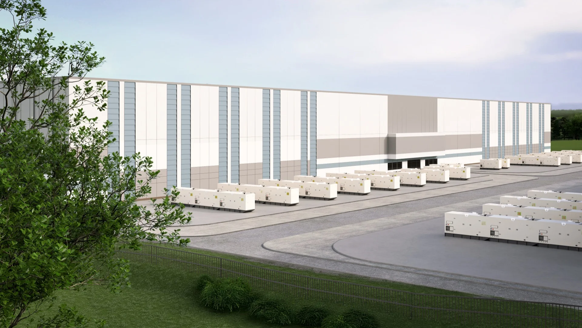 Aerial close-up rendering of a data center building with cooling infrastructure surrounded by green landscape